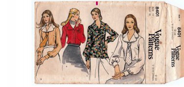 Vogue 8401 Vintage 1970's Women's Shirt Pattern, Long Sleeve Blouse, Misses Size 14 Bust 36