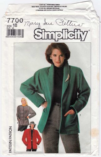 Simplicity 7700 UNCUT Women's Lined Jacket Sewing Pattern Misses' Size 18