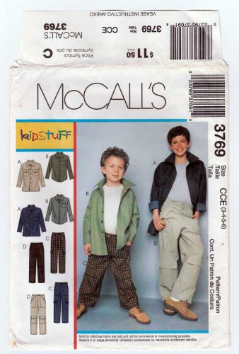 McCall's 3769 Boy's Denim Jacket, Long Sleeve Shirt, Pants Sewing Pattern Child Size 3-4-5-6 UNCUT