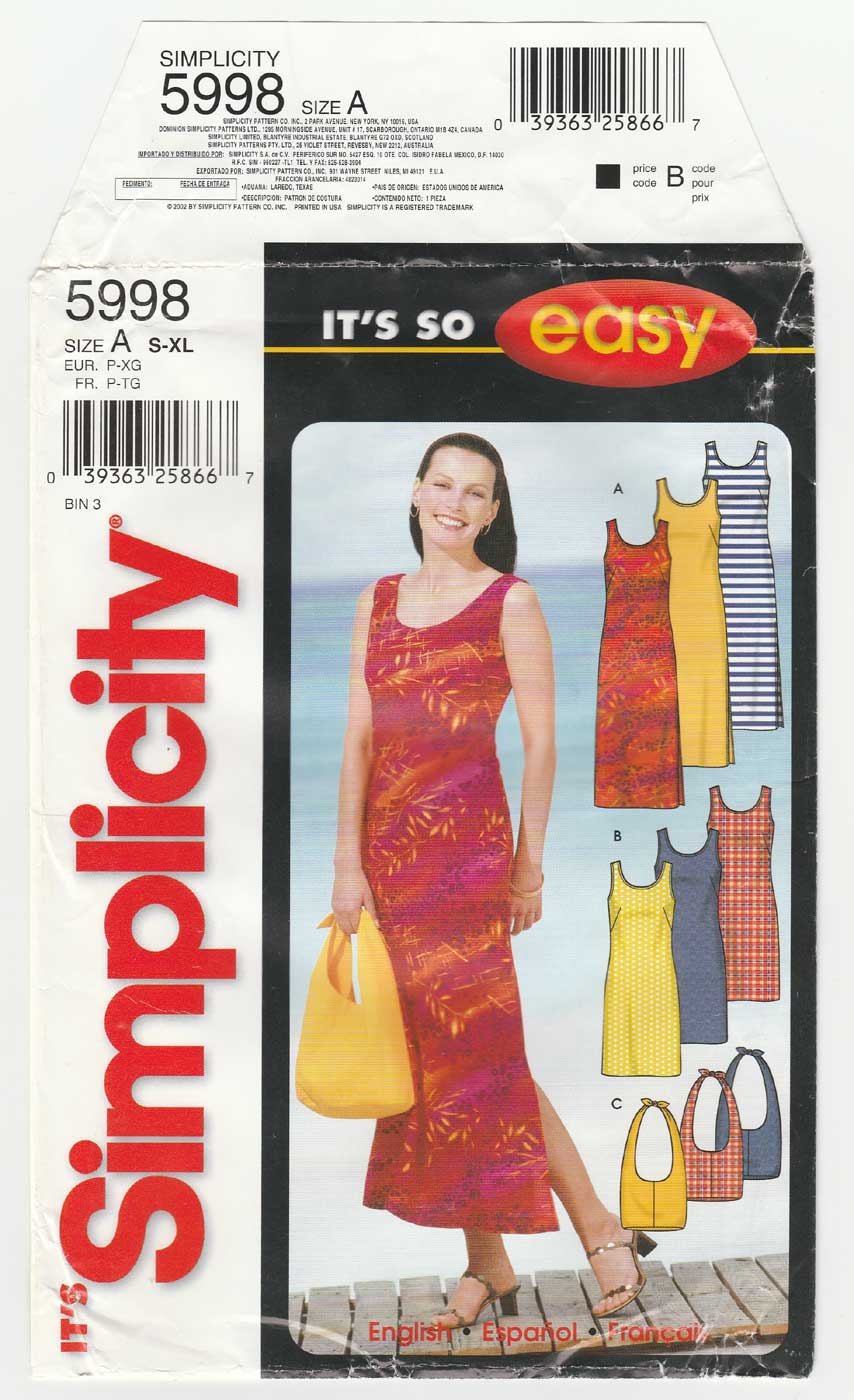 Simplicity 5998 Women's Sleeveless Pullover Dress Sewing Pattern Size 10-12-14-16-18-20-22-24 UNCUT