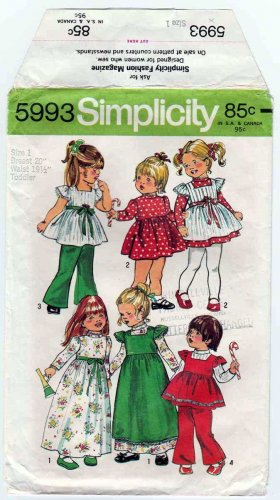 Simplicity 5993 UNCUT Toddlers' Pinafore Dress and Smock, Bell-Bottom Pants Pattern Size 1