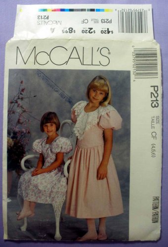 McCall's P213 Girl's Special Occasion Dress Sewing Pattern, Puff Sleeves, Size 4-5-6 UNCUT
