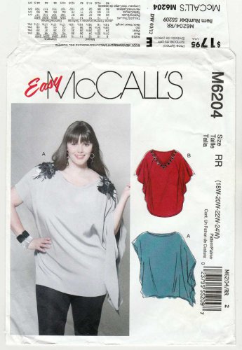McCall's M6204 6204 Women's Tunic Top Sewing Pattern Plus Size 18W-20W-22W-24W UNCUT