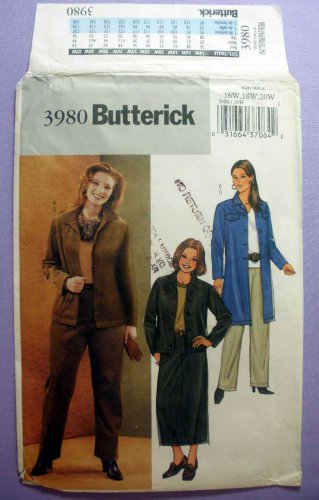 Butterick 3980 Women's A-Line Skirt, Straight Leg Pants and Jacket Pattern Size 16-18-20 UNCUT