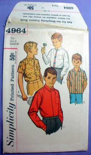 Simplicity 4964 UNCUT VTG 1960's Boys Button Up Shirt Sewing Pattern Size 8