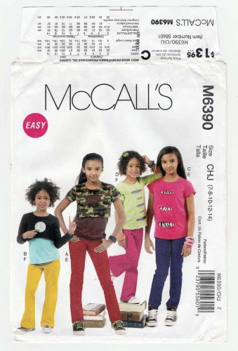 McCall's M6390 6390 Girl's T-Shirt Tops and Jeans / Pants Sewing Pattern Size 7-14 UNCUT