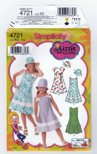 Simplicity 4721 Girl's Sundress, Short Sleeve Dress, Bucket Hat Sewing Pattern, Size 7-14 UNCUT