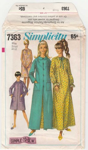 Simplicity 7363 UNCUT VTG 1960's Women's Robe and Nightgown Sewing Pattern Size Small 10-12