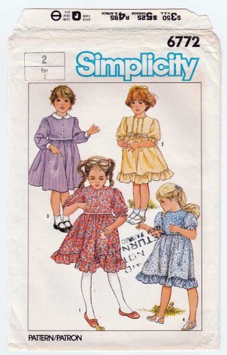 Simplicity 6772 UNCUT Vintage Little Girls Dress Sewing Pattern with Ruffles and Lace Toddler Size 2