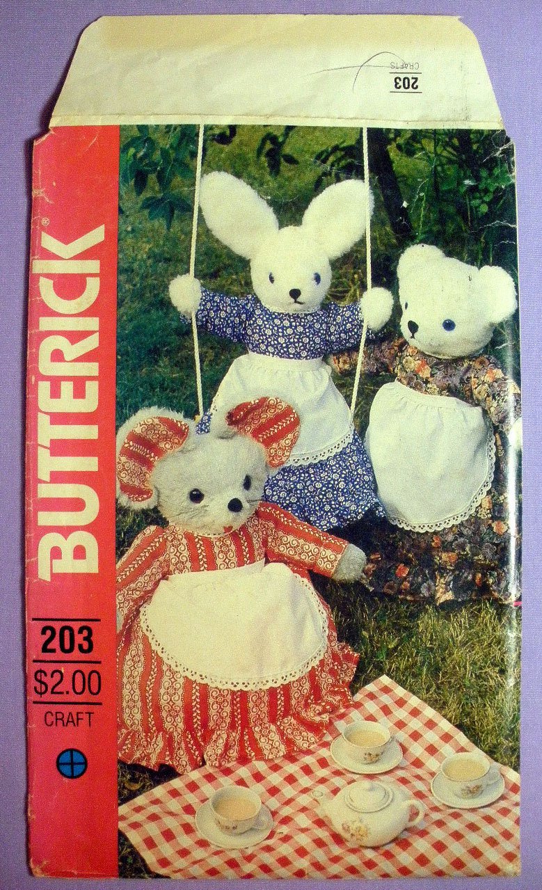 Butterick 203 4533 Uncut Craft Pattern Stuffed Bunny Rabbit Bear Mouse With Clothes Pajama Bag