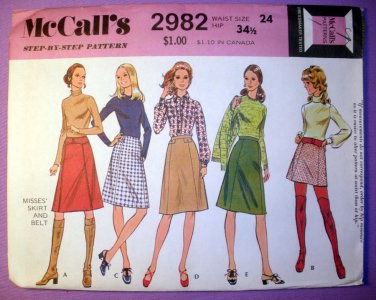 McCall's 2982 UNCUT Vtg 1970's Mini or Knee Length Skirt Sewing Pattern Misses' Size 10