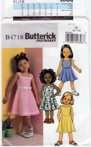 Butterick B4718 4718 Fast & Easy Girl's Sleeveless Dress Sewing Pattern Size 6-7-8 UNCUT