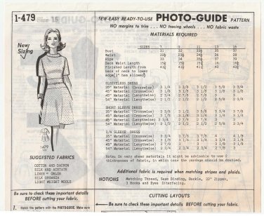 Mail Order Patt-O-Rama 1-479 Vintage 1960's Sewing Pattern Women's Dresses, Misses Size 15 Bust 37