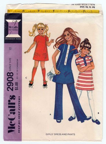 McCall's 2908 UNCUT Vintage 1970's Girl's Dress and Pants Step-By-Step Sewing Pattern Size 10