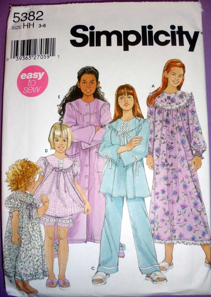 Girl's Pajamas, Nightgown and Robe Sewing Pattern Child Size 3-4-5-6 ...
