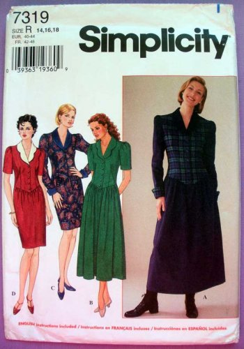 Simplicity 7319 Women's Dress Pattern, Long or Short Sleeves Misses / Petite Size 14-16-18 UNCUT