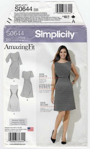 Women's Amazing Fit Dress Pattern, Plus Size 20W-22W-24W-26W-28W UNCUT Simplicity S0644 / 1277