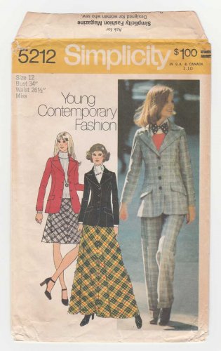 Simplicity 5212 UNCUT 1970's Blazer, Bias-Skirt, Maxi Skirt, Pants, Sewing Pattern Misses Size 12