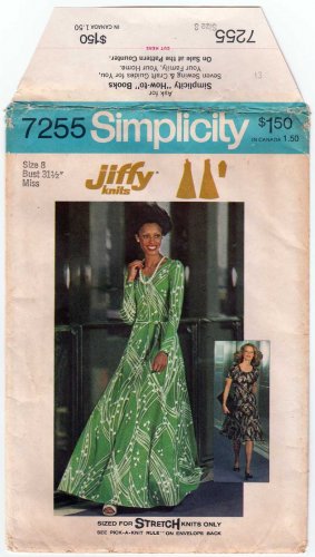 Simplicity 7255 UNCUT Vintage 70's Jiffy Knit Dress Sewing Pattern, Evening / Regular Length Size 8