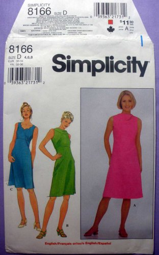 Simplicity Pattern 8166 Sleeveless Dress, Empire Waist, A-Line Skirt Misses Size 4, 6, 8 UNCUT
