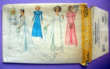 Simplicity 8575 UNCUT 1970's Wedding Gown or Bridesmaid Dress Sewing Pattern, Misses Size 8