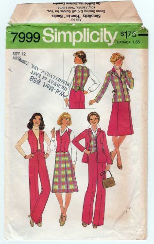 Simplicity 7999 UNCUT Vtg 1970's Women's Vest, Pants, Skirt, Jacket Sewing Pattern, Misses Size 12