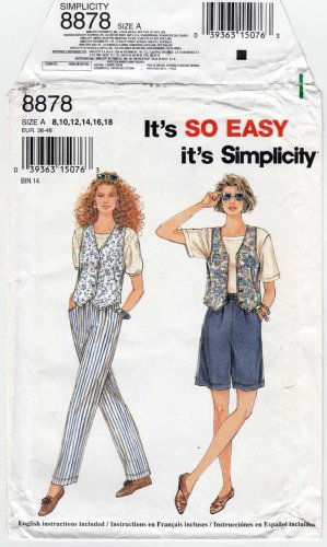 Simplicity 8878 Women's Pull-on Pants, Shorts and Vest Sewing Pattern Size 8-10-12-14-16-18 UNCUT
