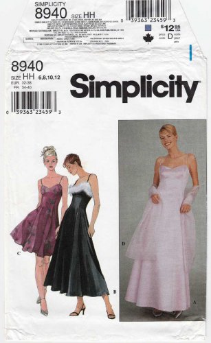 Simplicity 8940 Women's Formal Evening Gown, Prom Dress Pattern Misses / Petite Size 6-8-10-12 UNCUT