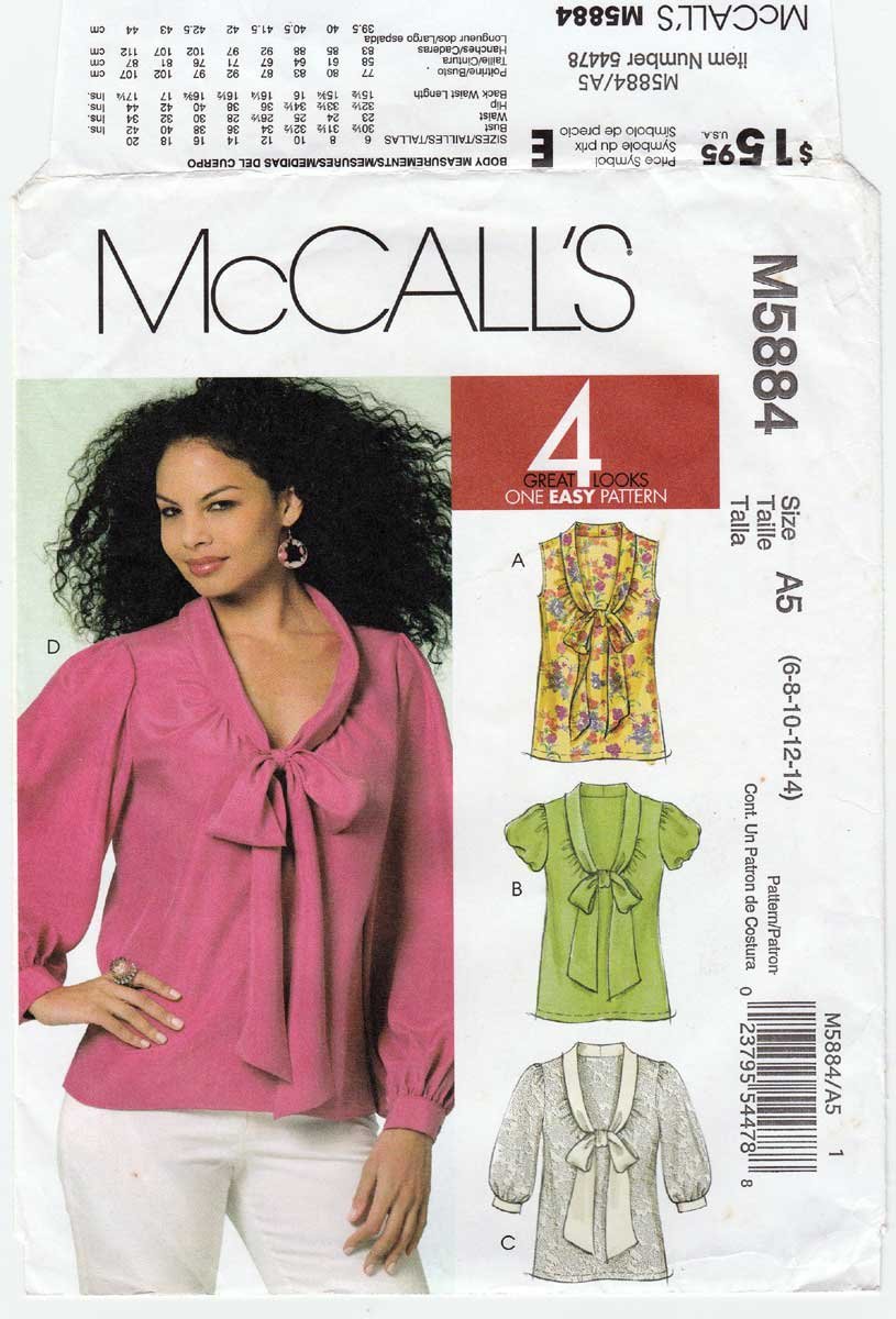 McCall's M5884 5884 Women's Blouse Sewing Pattern Size 6-8-10-12-14 UNCUT