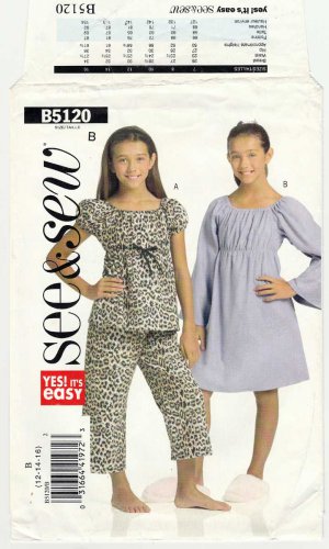 Butterick See & Sew B5120 Girl's Pajamas, Nightgown Sewing Pattern Size 12-14-16 UNCUT