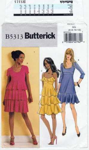 Butterick B5313 Women's Dress with Flounces Sewing Pattern Size 6-8-10-12 UNCUT