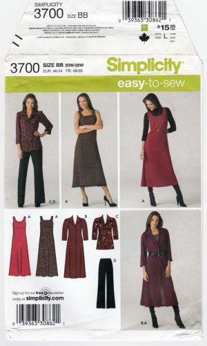 Simplicity 3700 Pants, Dress, Jumper, Tunic Sewing Pattern Plus Size 20W-22W-24W-26W-28W UNCUT