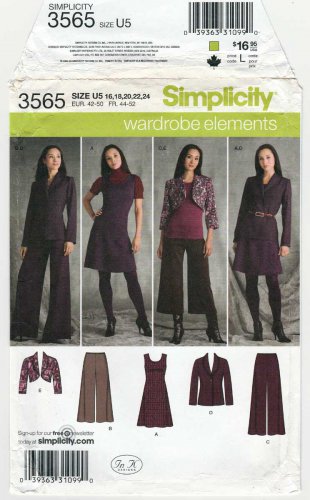 Simplicity 3565 Dress, Jumper, Pants, Jacket, Bolero Pattern Misses/Petite Size 16-18-20-22-24 UNCUT