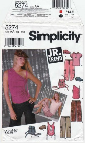 Simplicity 5274 JR. Girls Pants, Knit Tops, Cap, Back-Pack Sewing Pattern Teen Size 3/4 - 9/10 UNCUT