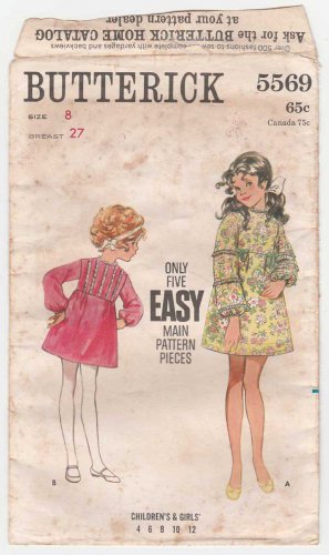 Butterick 5569 Vintage 1960's Girl's High-waisted One-Piece Dress Sewing Pattern, Size 8