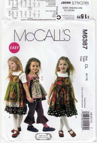 McCall's M6387 Girl's Top, Jumper, Apron and Cropped Pants, Sewing Pattern Child Size 6-7-8 UNCUT