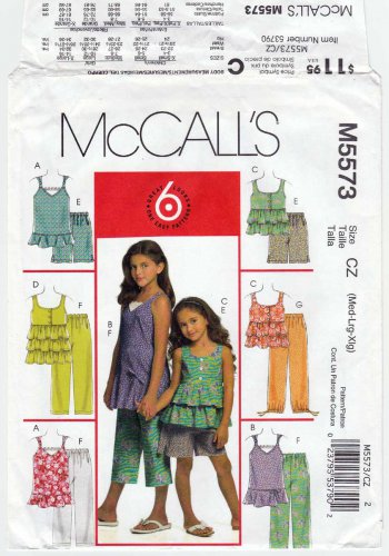 McCall's M5573 5573 Girl's Tops, Shorts, Capri Pants Sewing Pattern Size 7-8-10-12-14-16 UNCUT