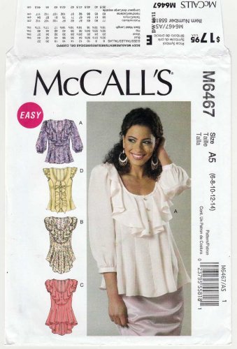 McCall's M6467 6467 Women's Pullover Tops Sewing Pattern Misses' Size 6-8-10-12-14 UNCUT