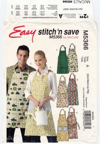 McCall's Stitch 'n Save M5366 Men's / Women's Full Apron Sewing Pattern Unisex Size S-M-L-XL UNCUT