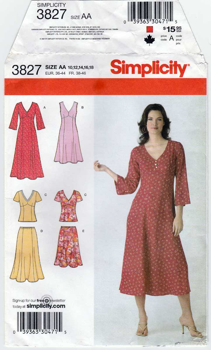 Simplicity 3827 Women's One or Two-Piece Dress Sewing Pattern Size 10 ...