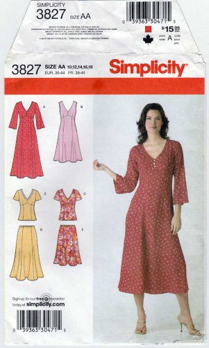 Simplicity 3827 Women's One or Two-Piece Dress Sewing Pattern Size 10-12-14-16-18 UNCUT