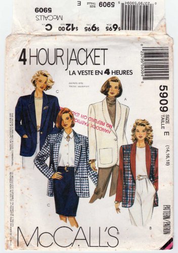 McCall's 5909 Women's 4 Hour Jacket Sewing Pattern, Misses Size 14 - 16 - 18 UNCUT