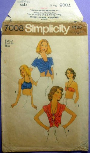 Simplicity 7008 UNCUT Vintage 1970's Midriff Top, Halter, Bra Top Sewing Pattern, Misses Size 12