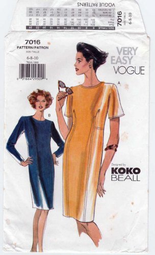 Vogue 7016 Koko Beall, Women's Fitted Dress Sewing Pattern Misses' Size 6-8-10 UNCUT