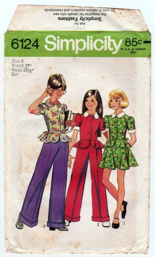 Simplicity 6124 Vtg 1970's Girls' Top with Peplum, Short Skirt, Pants Sewing Pattern, Size 8 UNCUT