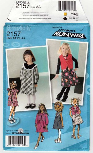 Toddler Girls Dress, Jumper, Vest, Project Runway Pattern, Size 1/2-1-2-3 UNCUT Simplicity 2157