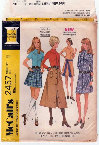 1970's Women's Blouse, Dress, Mini or Midi Skirt Sewing Pattern Misses Size 14 UNCUT McCall's 2457
