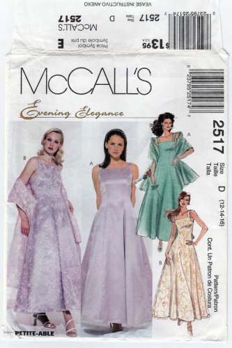 Prom Dress, Wedding Gown, Crinoline, Stole Sewing Pattern, Misses Size 12-14-16 UNCUT McCall's 2517