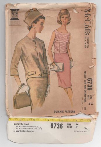 Vintage 1960's Slim Skirt Suit and Blouse, Women's Sewing Pattern Misses Size 14 UNCUT McCall's 6736