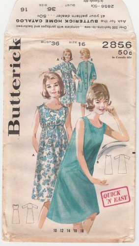 Vintage 1960's Women's Nightgown and Robe Sewing Pattern, Misses Size 16 UNCUT Butterick 2856